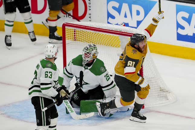 May 21, 2023; Las Vegas, Nevada, USA; Vegas Golden Knights right wing Jonathan Marchessault (81) celebrates after he scores the game tying goal against Dallas Stars goaltender Jake Oettinger (29) during the third period in game two of the Western Conference Finals of the 2023 Stanley Cup Playoffs at T-Mobile Arena.