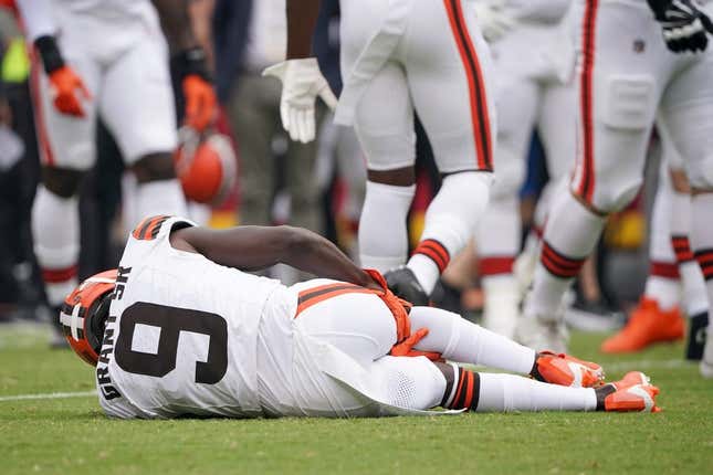 Aug 26, 2023; Kansas City, Missouri, USA; Cleveland Browns wide receiver Jakeem Grant Sr. (9) reacts after suffering an apparent injury on a kickoff return against the Kansas City Chiefs at GEHA Field at Arrowhead Stadium.