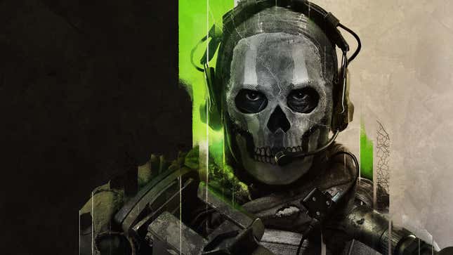 Ein Call of Duty-Militärmann mit Totenkopfmaske steht vor einem schwarzen, grünen und braunen Hintergrund.