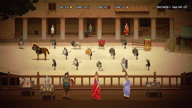 A group of pixelated gladiators stand together in an arena. 