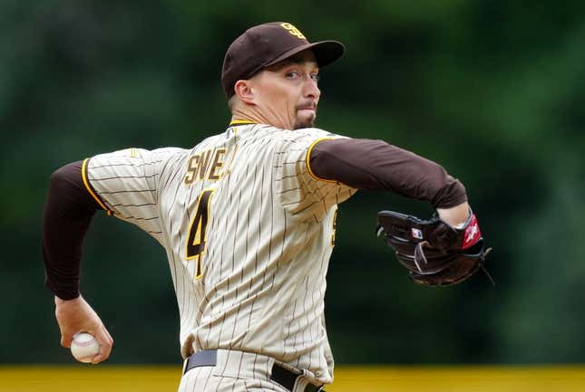 Jun 11, 2023; Denver, Colorado, USA; San Diego Padres starting pitcher Blake Snell (4) delivers a pitch in the first inning against the Colorado Rockies at Coors Field.