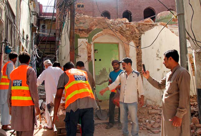 An Ahmadi mosque in the eastern city of Sialkot, Pakistan, demolished by extremists in May 2018.