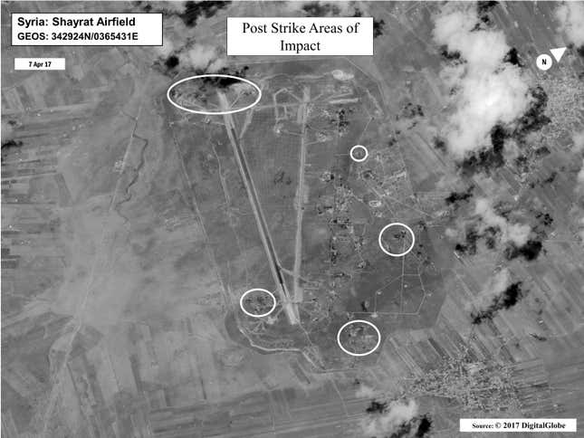 Battle damage assessment image of Shayrat Airfield, Syria. April 7, 2017.
