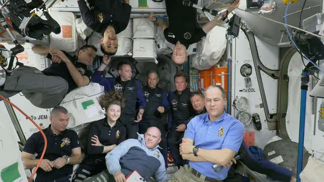 The Ax-1 crew with Expedition 67 crew members aboard the ISS.