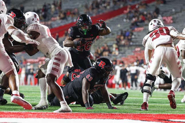Sep 9, 2023; Piscataway, New Jersey, USA; Rutgers Scarlet Knights running back Al-Shadee Salaam (26) scores a rushing touchdown during the second half against the Temple Owls at SHI Stadium.