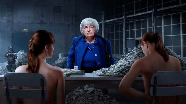 Image for article titled Janet Yellen Surveys Warehouse Of Topless Women Sorting Out U.S. Treasury Cash