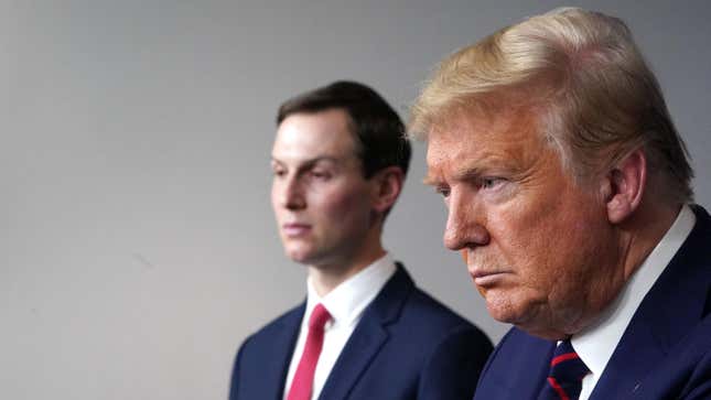 President Donald Trump and his son-in-law Jared Kushner at a press briefing in the White House on April 2, 2020.