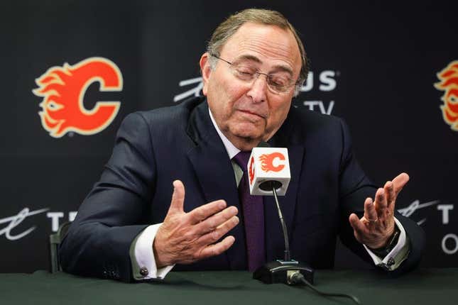Feb 28, 2023; Calgary, Alberta, CAN; Commissioner Gary Bettman during interview prior to the game between the Calgary Flames and the Boston Bruins at Scotiabank Saddledome.