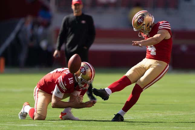 Aug 19, 2023; Santa Clara, California, USA;  San Francisco 49ers place kicker Jake Moody (4) kicks the ball as punter Mitch Wishnowsky (18) holds it in place during warmups before the start of the first quarter against the Denver Broncos at Levi&#39;s Stadium.