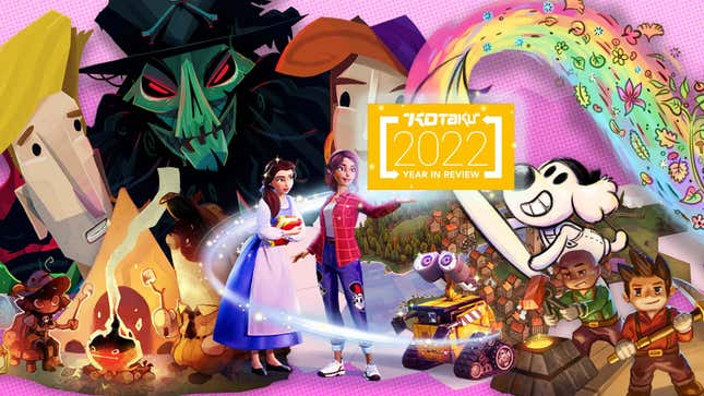 Characters from Chicory, Disney Dreamlight Valley, Return to Monkey Island, and other games are collaged together, while a glowing golden label reads Kotaku 2022 Year In Review.