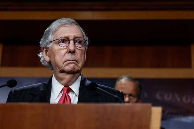 WASHINGTON, DC - AUGUST 02: Senate Minority Leader Mitch McConnell (R-KY) speaks at a news conference following the weekly Senate Republican Caucus Meeting in the U.S. Capitol Building on August 02, 2022 in Washington, DC. During the news conference the Republican Senators spoke on their dismay with the Inflation Reduction Act of 2022. 
