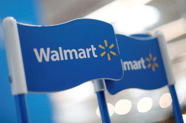 Walmart signs are displayed inside a Walmart store in Mexico City, Mexico.