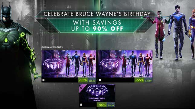 A screenshot from Steam shows an ad for Bruce Wayne's birthday sale and Gotham Knights.