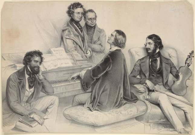 Franz Liszt (at the piano) and Hector Berlioz (standing at left): two creepy music geniuses.