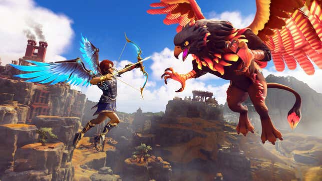 An image from Immortals Fenyx Rising depicting protagonist Fenyx shooting an air at a griffin.