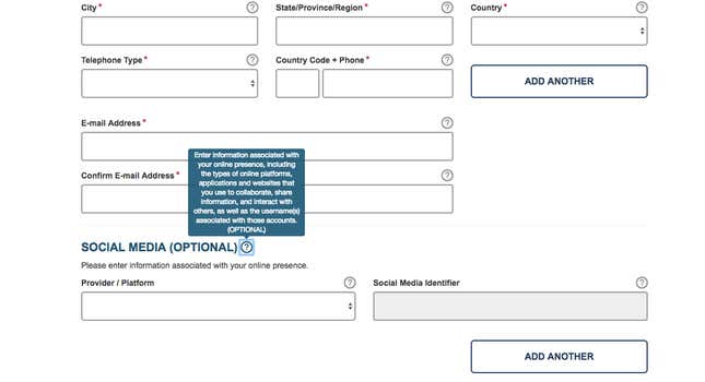 Image for article titled The US is now asking foreign visitors to provide their social media accounts for inspection