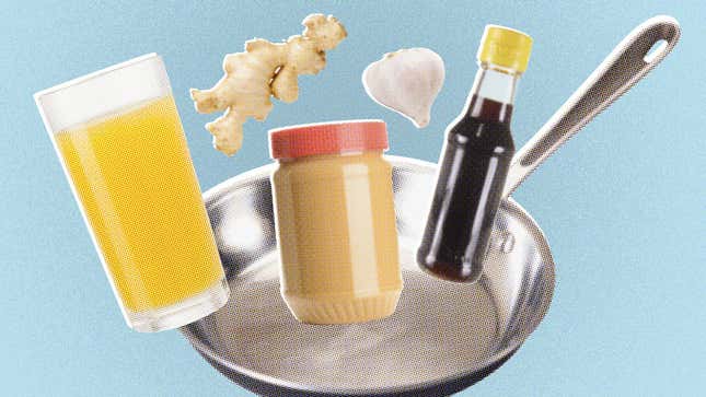 image of saute pan with ginger, garlic, soy sauce, peanut butter, and orange juice