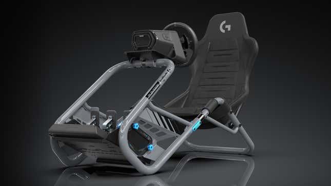 Promotional image of the Playseat Trophy Logitech G Edition, viewed on a black background.
