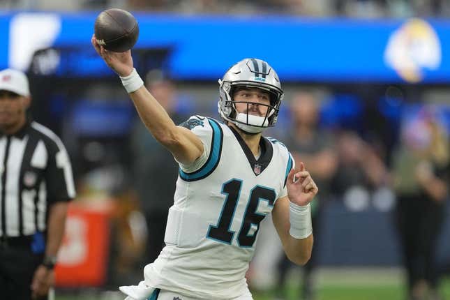 Oct 16, 2022; Inglewood, California, USA; Carolina Panthers quarterback Jacob Eason (16) throws the ball in the fourth quarter against the Los Angeles Rams at SoFi Stadium.