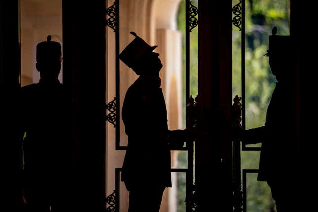 Honor guard soldiers wait for the arrival of officials at the Cotroceni Presidential Palace in Bucharest, Romania, Wednesday, Sept. 6, 2023. Romania hosts the two-day Three Seas Initiative Summit and Business Forum, bringing together high ranking officials from twelve EU member states between the Baltic, Black and Adriatic seas. (AP Photo/Vadim Ghirda)