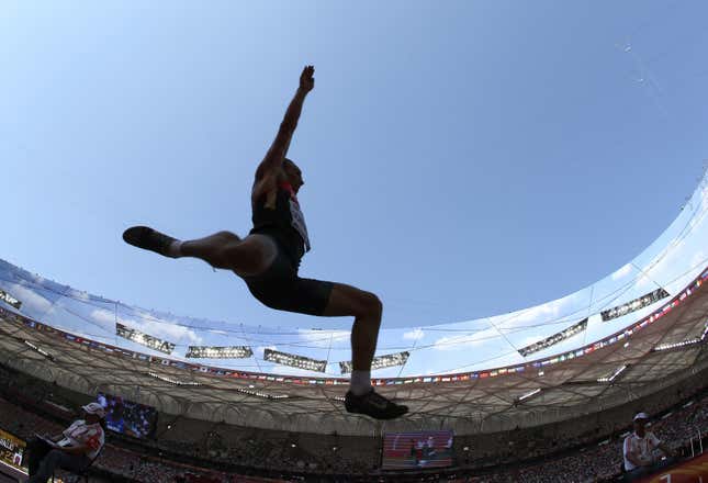 Michael Schrader of Germany competes in the long jump.
