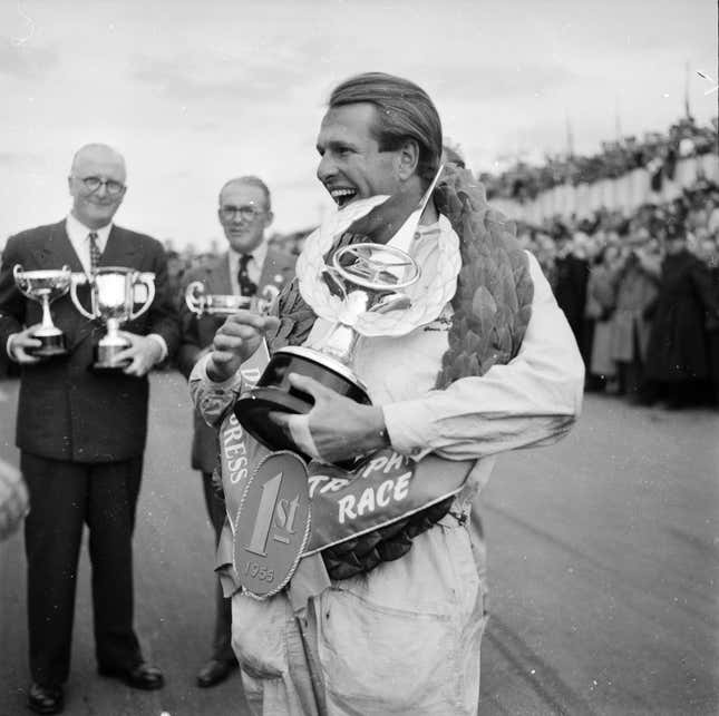 British racing driver, Peter Collins at the Silverstone racetrack, where he won the Daily Express Trophy Race, 1955.