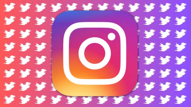 The Instagram logo is superimposed against white Twitter birds.