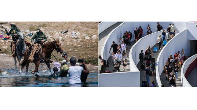 Left: Haitian immigrants have excessive forced used on them by U.S. Border Patrol. Right: Ukrainian refugees peacefully and safely arriving in the U.S.