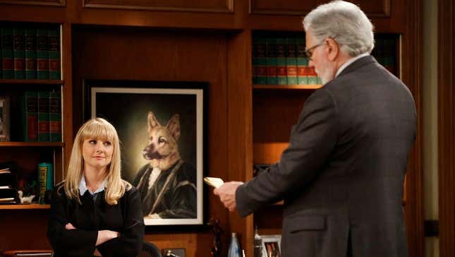 Melissa Rauch and John Larroquette in Night Court