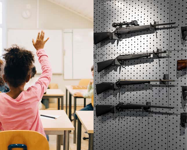 Guns next to a photo of a classroom 