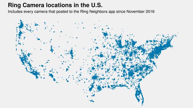 Representing the locations of 440,000 Ring cameras collected from over 1,800 counties in the U.S.