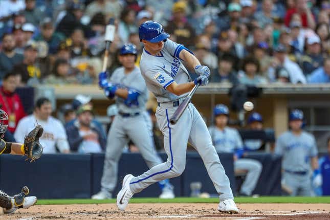May 16, 2023; San Diego, California, USA; Kansas City Royals second baseman Matt Duffy (15) hits an RBI single against the San Diego Padres during the second inning at Petco Park.