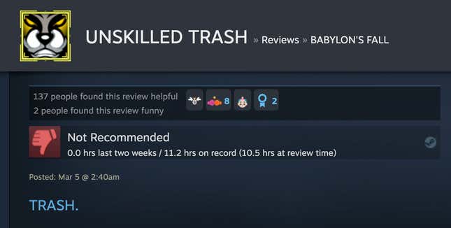 A Steam review for Babylon's Fall from Square Enix