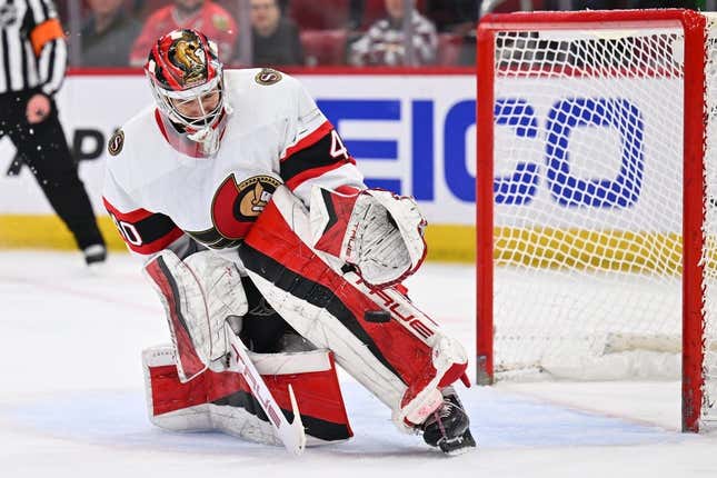 Mar 6, 2023; Chicago, Illinois, USA;  Ottawa Senators goaltender Mads Sogaard (40) makes a save on a Chicago Blackhawks shot in the second period at United Center.