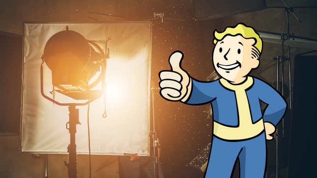 Vault boy gives a thumbs up while standing on a film set.