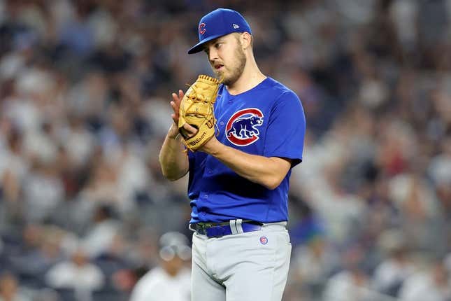 Jul 7, 2023; Bronx, New York, USA; Chicago Cubs starting pitcher Jameson Taillon (50) reacts after pitching the eighth inning against the New York Yankees at Yankee Stadium.