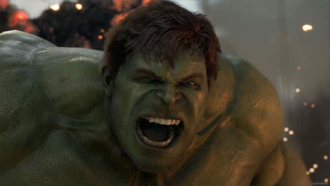 A screenshot of an angry, roaring Hulk from Marvel's Avengers. 