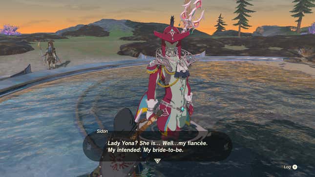 Sidon, standing in a pool of water, says to Link, "Lady Yona? She is... Well...my fiancée. My intended. My bride-to-be.