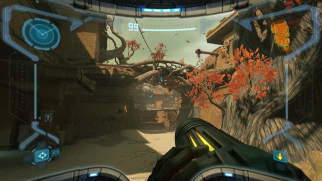 Samus points a gun in Metroid Prime Remastered.