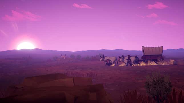 A screenshot from the newest Oregon Trail shows a wagon and several travelers.