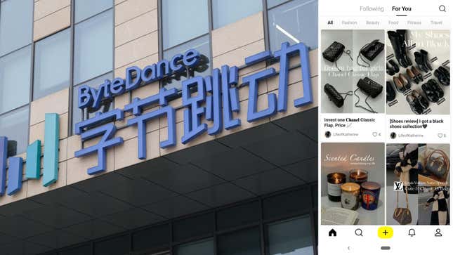 Left, the logo of the Chinese company ByteDance, right is a screenshot from Lemon8 with several products on display