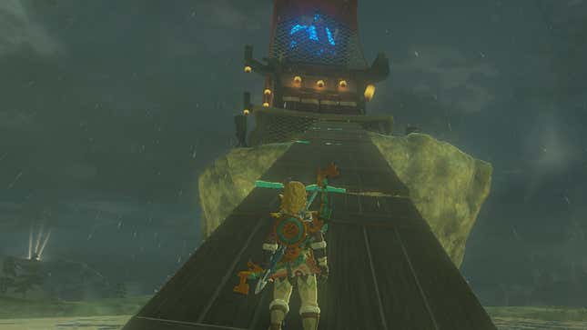 Link walks up a makeshift ramp to the Skyview Tower.