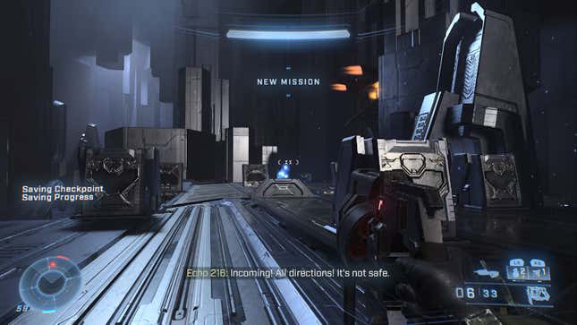 An almost featureless grey space in Halo Infinite's opening.