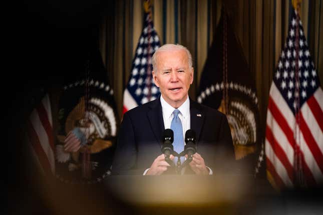 US President Joe Biden delivers remarks regarding the March Jobs report in the State Dining Room of The White House on April 1, 2022.