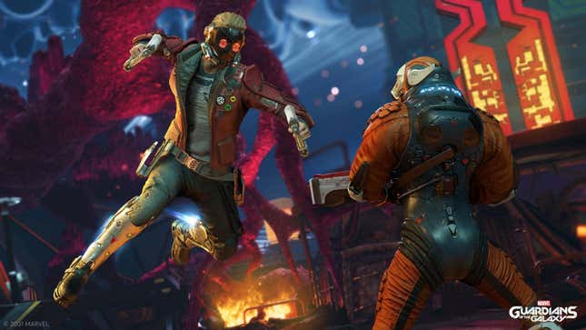 Guardian of the Galaxy character Star-Lord leaps into action, ready to strike a foe.