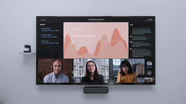 A picture of the new front row layout in Microsoft's Teams Rooms.