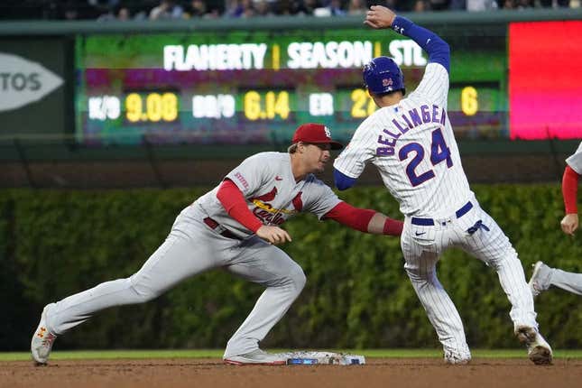 May 9, 2023; Chicago, Illinois, USA; St. Louis Cardinals second baseman Nolan Gorman (16) tags out Chicago Cubs center fielder Cody Bellinger (24) at second base on a steal attempt during the third inning at Wrigley Field.