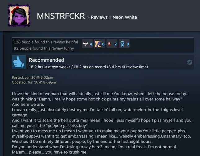 Image for article titled Neon White’s Steam Reviews Are Horny As Hell