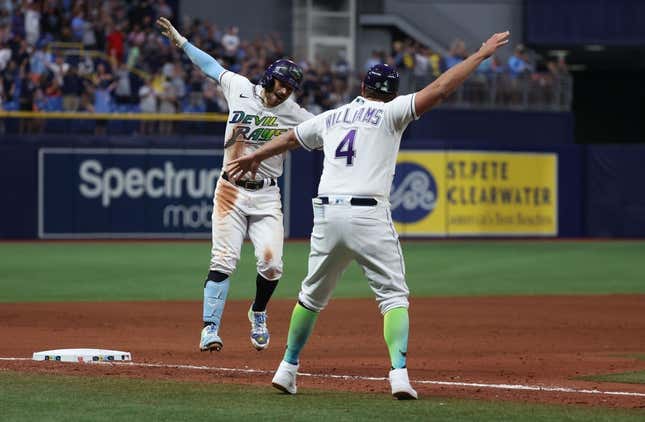 Apr 21, 2023; St. Petersburg, Florida, USA; Tampa Bay Rays second baseman Brandon Lowe (8) celebrates as he hits the game winning walk off 2-run home run against the Chicago White Sox at Tropicana Field.