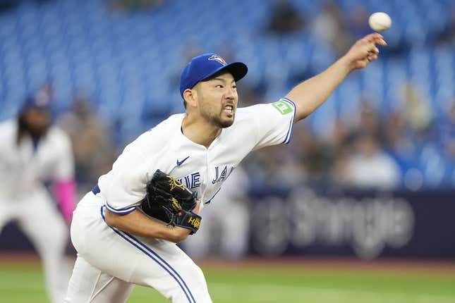 Sep 8, 2023; Toronto, Ontario, CAN; Toronto Blue Jays starting pitcher Yusei Kikuchi (16) pitches to the Kansas City Royals during the second inning at Rogers Centre.